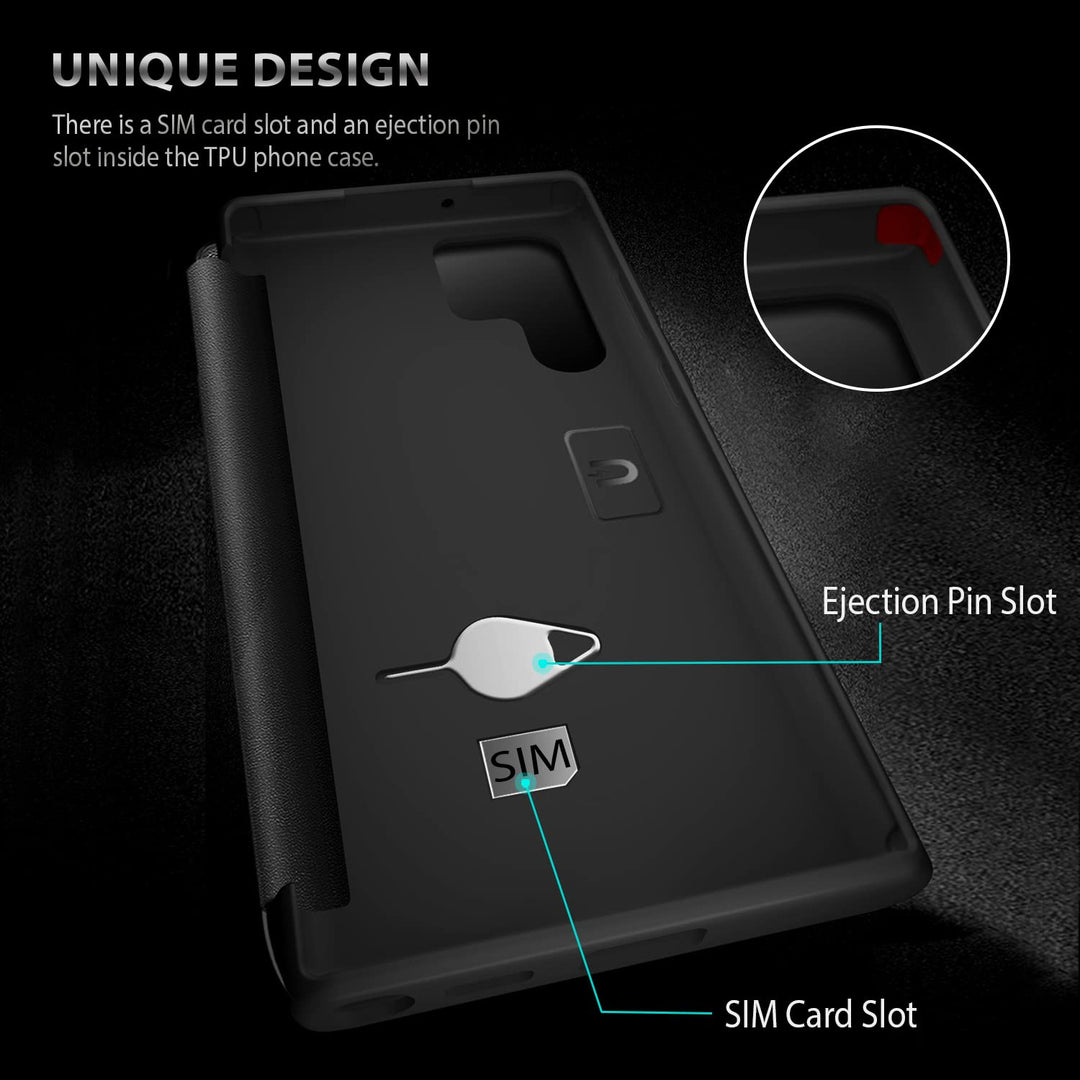 Zuslab Flip Case Compatible with Samsung Galaxy S22 Ultra 6.8' 2022, Fine Leather & Translucent Matte PC Folio Cover with Window View Function, Silicone Case Anti Scratch Shockproof Bumper, Black