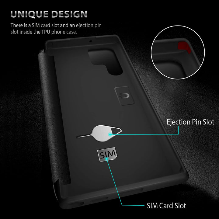 Zuslab Flip Case Compatible with Samsung Galaxy S22 Ultra 6.8' 2022, Fine Leather & Translucent Matte PC Folio Cover with Window View Function, Silicone Case Anti Scratch Shockproof Bumper, Black