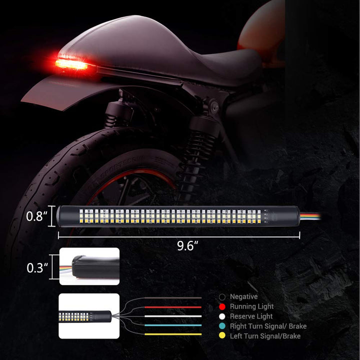 Motorcycle 9 Inches Red/White/Amber Led Tail lights Triple 108 LED Lights Strip with Turn Signal Brake Stop Reverse Running Light License Plate Light, Flexible Led Light for Motorcycles