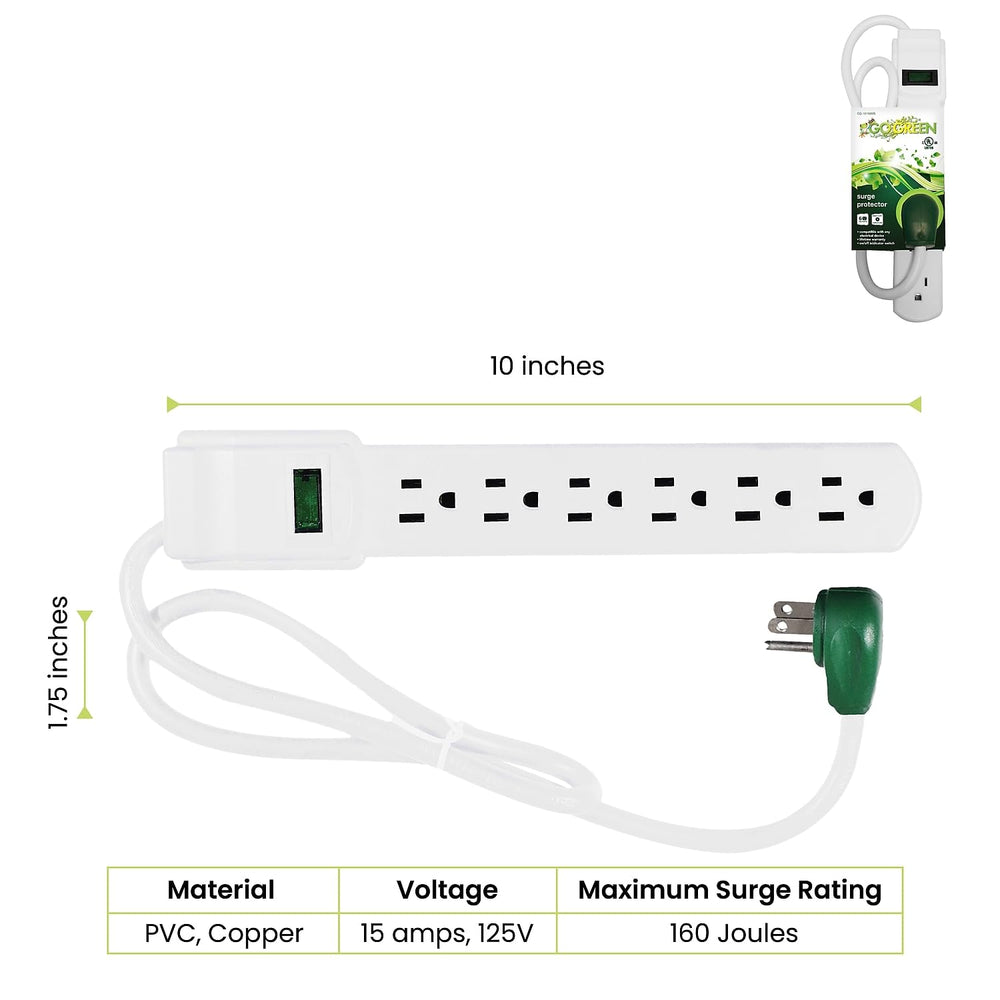 2.5ft Surge Protector with 6 Outlets - Compact, Clutter-Free, Heavy Duty, Circuit Breaker, Mountable - Ideal for Home & Office - GG-16103MS