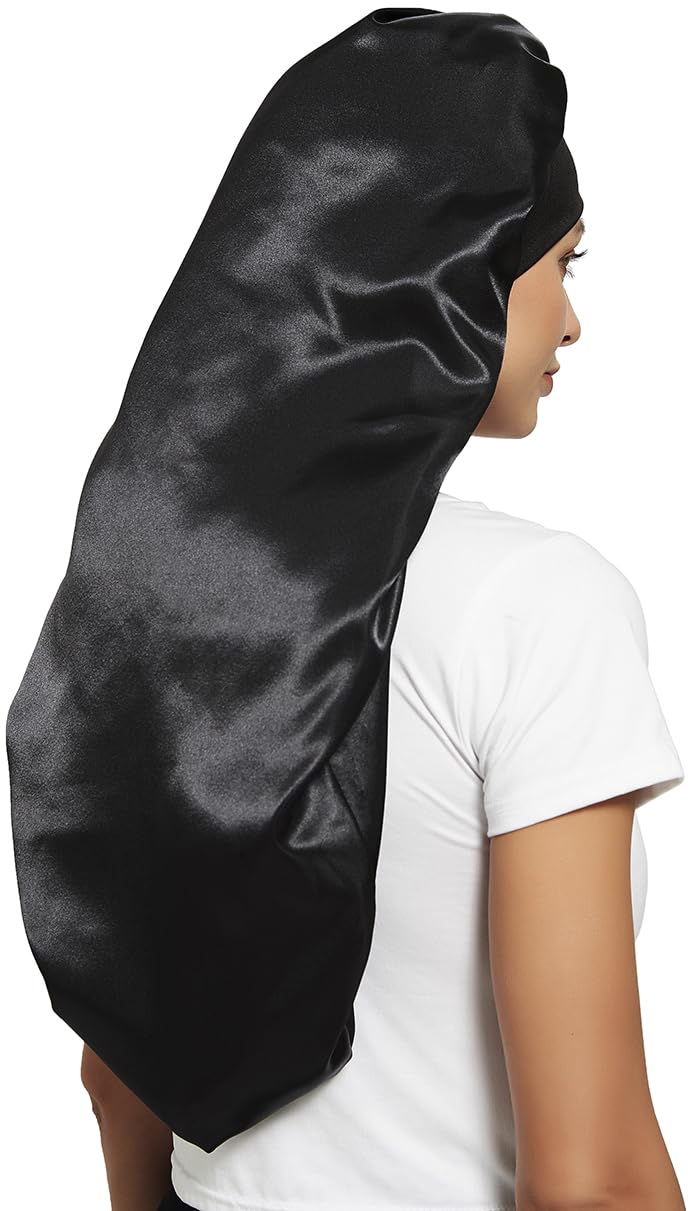 Braid Bonnet for Sleeping, Wide Elastic Band Satin Hair Wrap Sleeping Cap for Women Cap for Braids, Curly, Long Hair Black