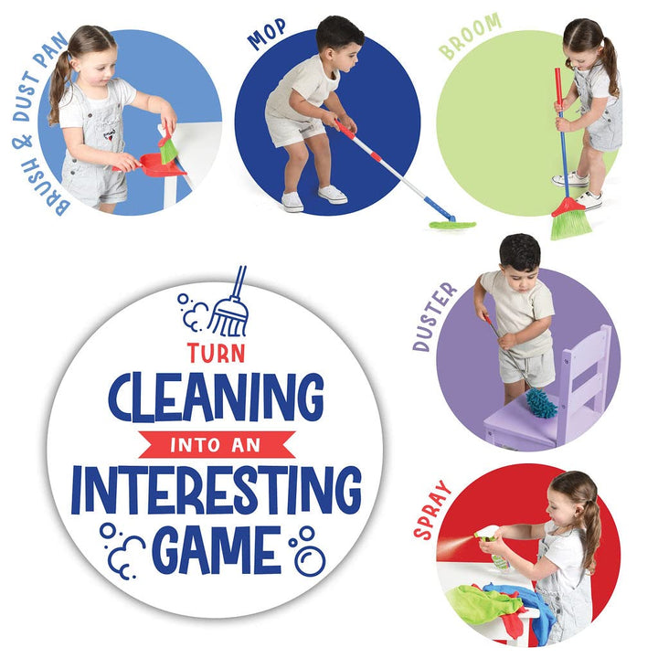 Kids Cleaning Set 12 Piece - Toy Cleaning Set Includes Broom, Mop, Brush, Dust Pan, Duster, Sponge, Clothes, Spray, Bucket, Caution Sign, - Toy Kitchen Toddler Cleaning Set - Original