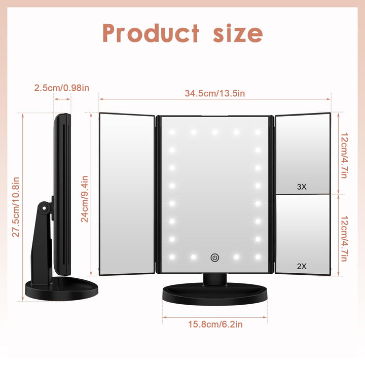 Lighted Vanity Makeup Mirror 1x/2x/3x Magnification Trifold with 21 LED Lights Touch Screen and USB Charging, 180 Degree Adjustable Stand for Countertop Cosmetic Makeup Mirror(Black)