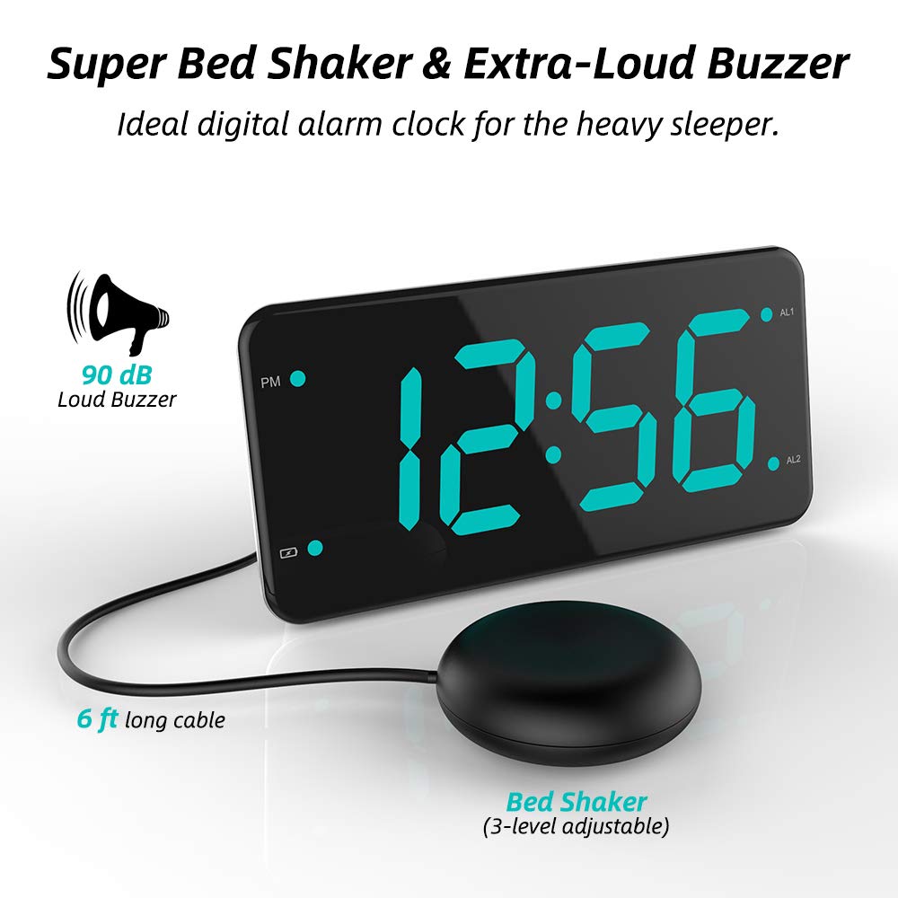 Easy Setting Dual Alarm Digital Clock with Bed Shaker, Extra Loud Alarm, 7” Large Display, Dual USB Charger, Full Range Dimmer, Snooze, Battery Backup, USB Night Light – Eye Protection Green