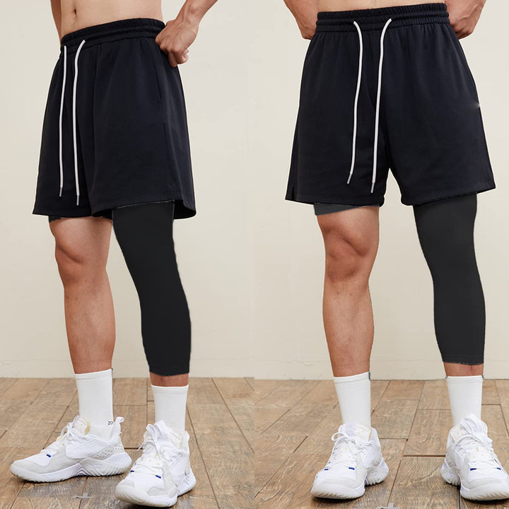 Mens 3/4 One Leg Compression Capri Tights Pants Athletic Base Layer Underwear (Black-R,M)