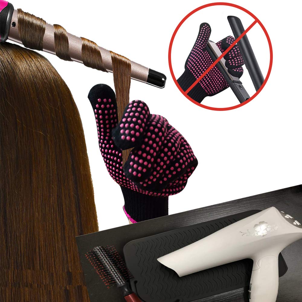 Curling Iron Mat, Heat Resistant Mat with Heat Resistant Glove for Hair Straightener, Flat Irons, 8.7â€Âx5.2†Silicone Bump Glove, 9†x 6.5†Food Grade Silicone Mat, Black