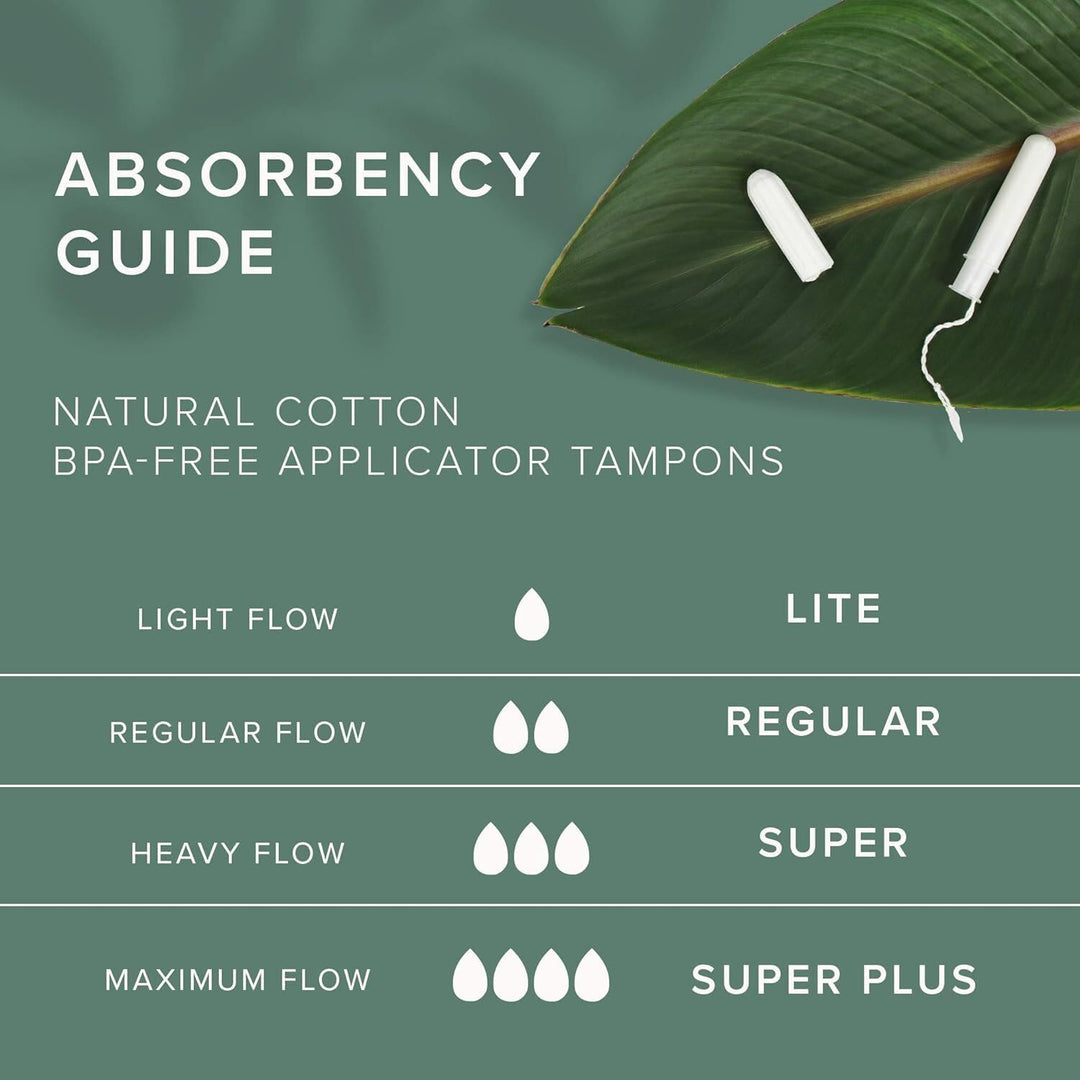 100% Natural Cotton Tampons - Regular Absorbency with leak proof protection - Compact BPA-Free Applicator - Unscented & Free from Chlorine, Toxin - 16 Count