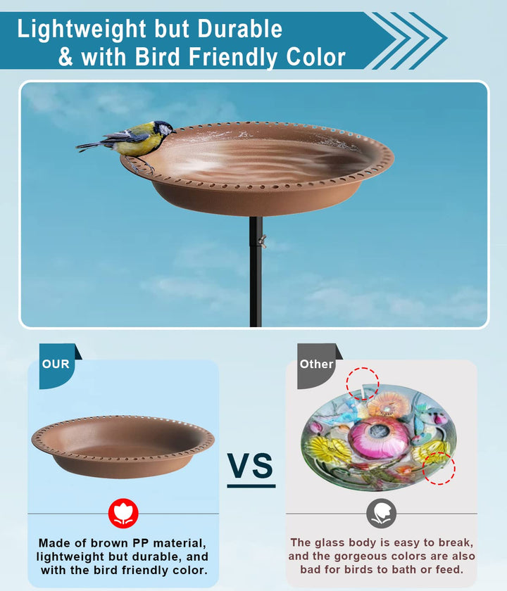 1-¼ Gallon Detachable Free Standing Garden Bird Bath Bird Feeder Bowl with Metal Stake for Outdoor, Bird Friendly Color - Deep Brown, 29 Inch