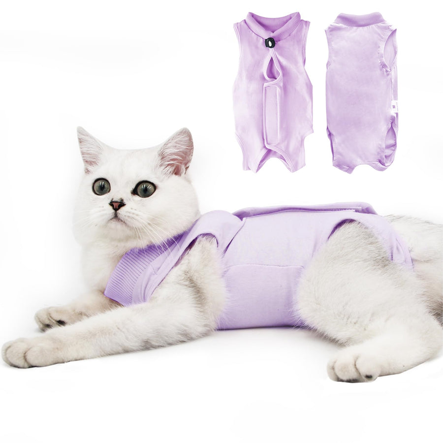 Cat Recovery Suit for Male and Female Surgical Post Surgery Soft Cone Onesie Shirt Clothes Neuter Licking Protective Diapers Outfit Cover Kitten Spay Collar(M, Purple)