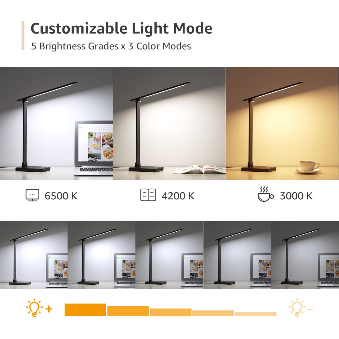 LED Desk Lamp with USB Charging Port Dimmable Home Office Touch Control Reading Table Lamp,3 Color Modes with 5 Brightness Level,College Dorm Room Essentials, Eye Caring, Sewing, Crafting, Black