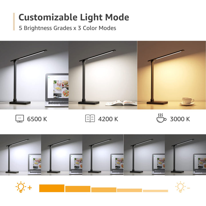 LED Desk Lamp with USB Charging Port Dimmable Home Office Touch Control Reading Table Lamp,3 Color Modes with 5 Brightness Level,College Dorm Room Essentials, Eye Caring, Sewing, Crafting, Black
