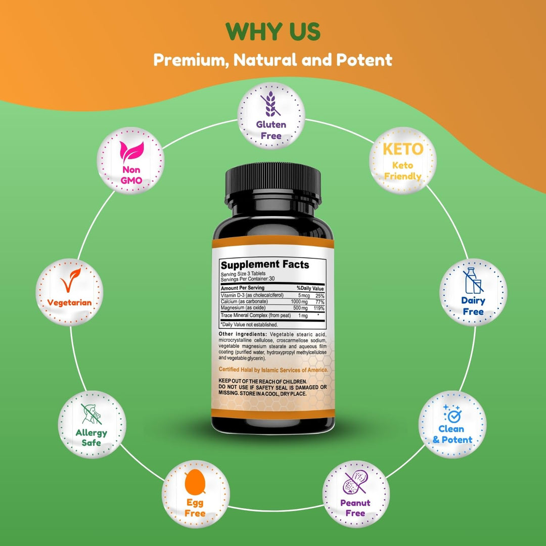 Halal Calcium Magnesium Supplement w/Vitamin D3 | Calcium 1,000 mg, Magnesium 500mg | 30 Servings, Non-GMO | Structure & Bone Strength, Teeth, Cardiovascular & Muscle Support