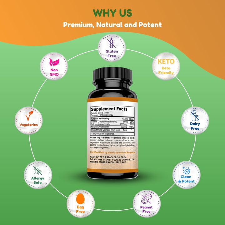 Halal Calcium Magnesium Supplement w/Vitamin D3 | Calcium 1,000 mg, Magnesium 500mg | 30 Servings, Non-GMO | Structure & Bone Strength, Teeth, Cardiovascular & Muscle Support