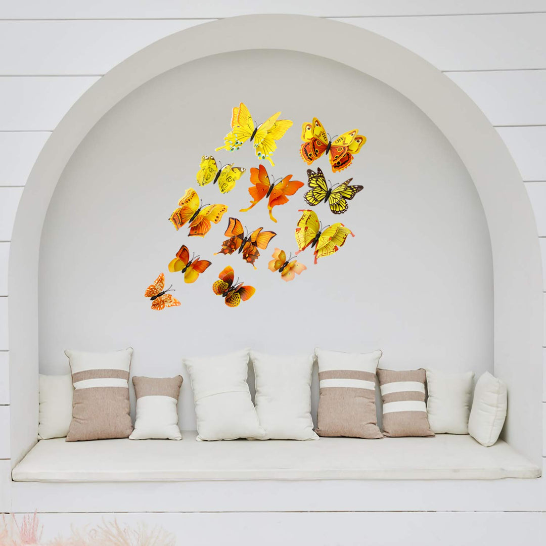 12PCS Double Wings 3D Butterfly Wall Stickers Decals DIY Art Crafts Decorations for Windows Refrigerator Bedroom Classroom Bathroom Home Office Birthday Party (Yellow)