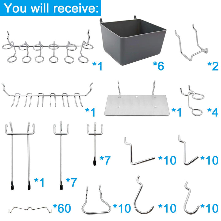 Pegboard Hooks Assortment with Pegboard Bins, Peg Locks, for Organizing Various Tools, 140 Piece