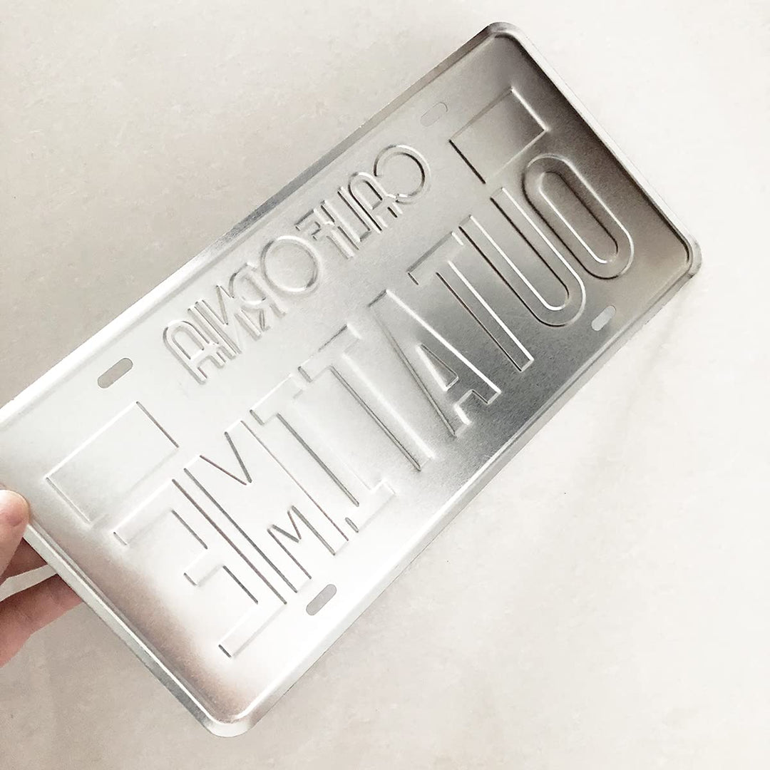 Outatime Back to The Future License Plate Memorabilia, Embossed License Plate Replica, Delorean Movie Prop Metal Stamped Vanity Number Tag, 12x6 inch