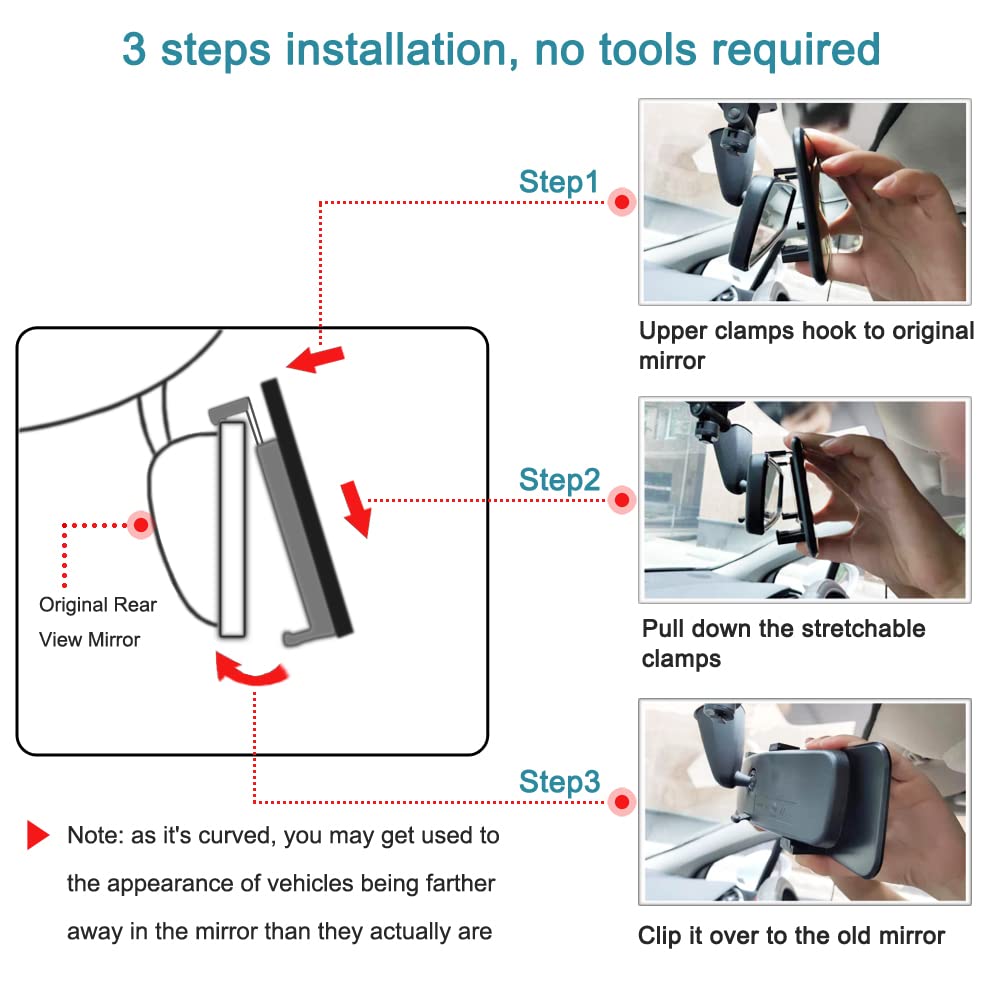Anti Glare Rear View Mirror for Car, Clip on Wide Angle Panoramic Rearview Mirror Eliminate Blind Spots – Convex, Blue