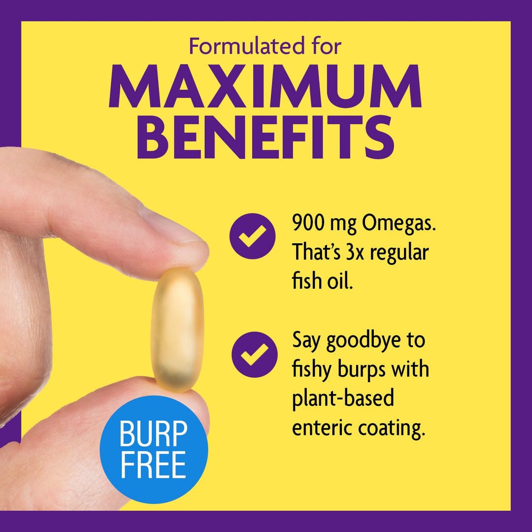 Triple Strength Omega 3 Fish Oil Supplement, 900 mg, Pure EPA DHA Omega 3 Supplement Brain and Joints, Burpless Omega-3 for Women and Men with Enteric Coating, 200 Capsules