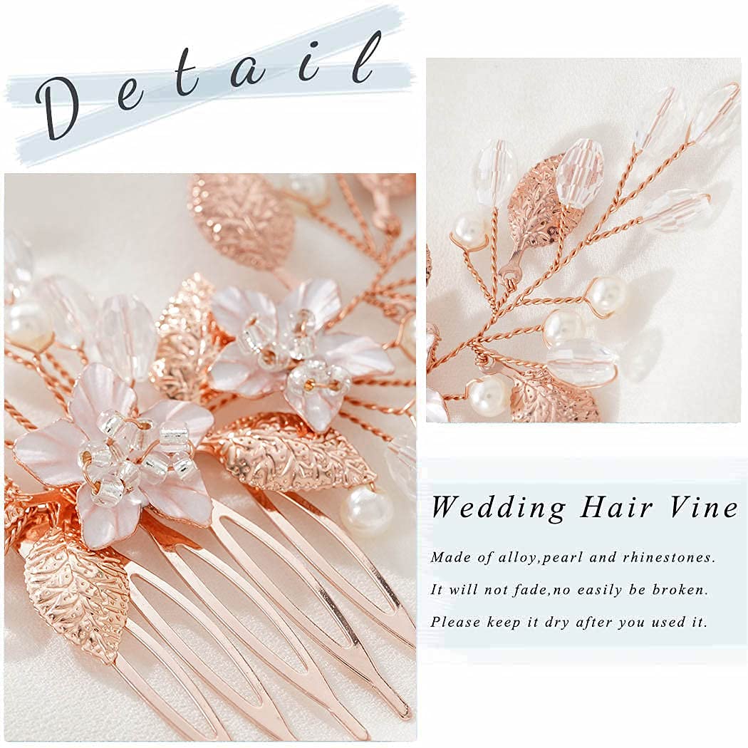 Leaf Bride Wedding Hair Combs Flower Bridal Hair Piece Pearl Rhinestone Hair Accessories for Women and Girls (Pack of 2) (Rose Gold)