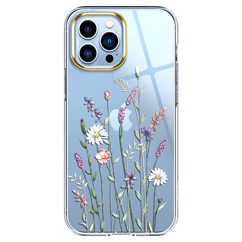 Compatible with iPhone 13 Pro Max Case with Flower,for Girly Women,Shockproof Clear Floral Pattern Hard Back Cover for iPhone 13 Pro Max 6.7 inch 2021-Wildflowers