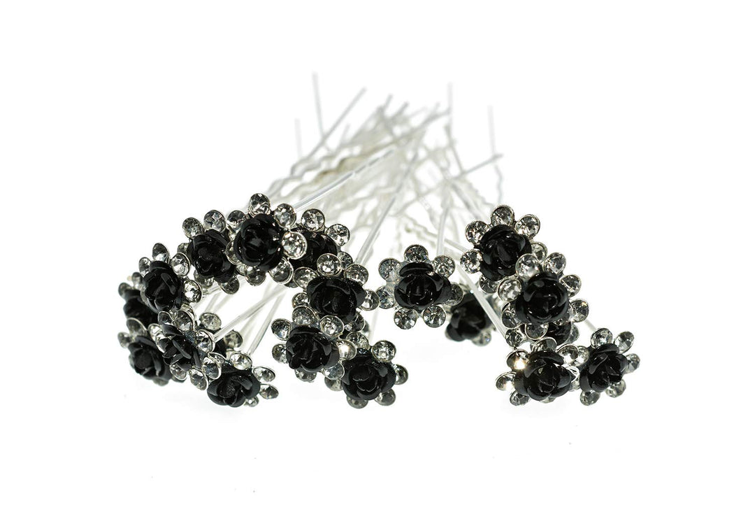 20 Pcs/Lot Women Wedding Bridal Clear Crystal Rhinestone Rose Flower Hair Pin Clips Hair Accessories Jewelry Barrettes Headwear(Black)