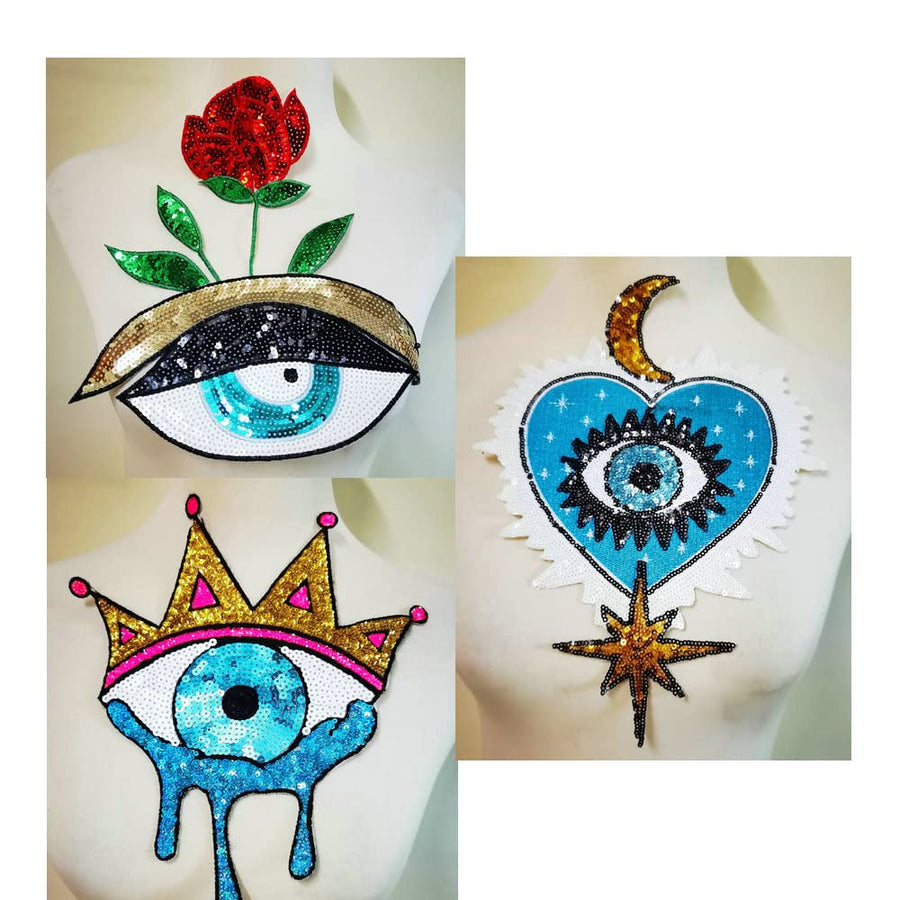5pcs Large Sequin Heart Evil Eyes Patch No Glue Cartoon Motif Applique Embroidery Garment Accessory (Blue A)