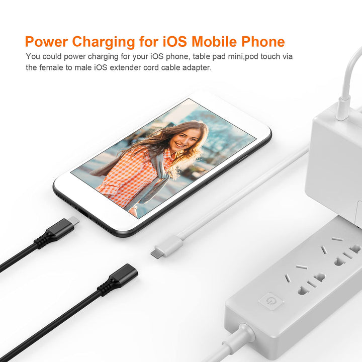 i-OS Extension Cable Adapter Cord Female to Male. 1PCS i-OS Cord Extender for i-OS Phone with Otterbox Defender, Lifeproof Case Made of Black PVC & Aluminum. (1.64 Ft / 0.5 M)