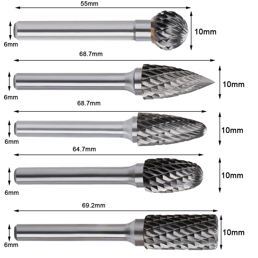 5PCS Double Cut Carbide Rotary Burrs Set - 1/4 Inch Shank 2/5 Inch Head Die Grinder Bits Solid Carbide Rotary Burr File Set for Die Grinder Drill, Metal Carving,Polishing,Engraving,Drilling