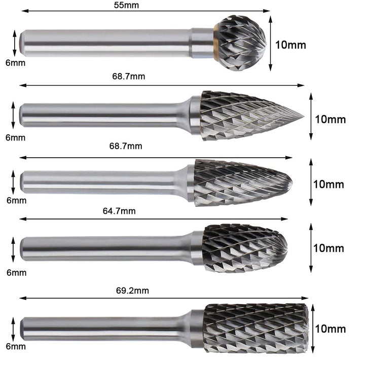 5PCS Double Cut Carbide Rotary Burrs Set - 1/4 Inch Shank 2/5 Inch Head Die Grinder Bits Solid Carbide Rotary Burr File Set for Die Grinder Drill, Metal Carving,Polishing,Engraving,Drilling