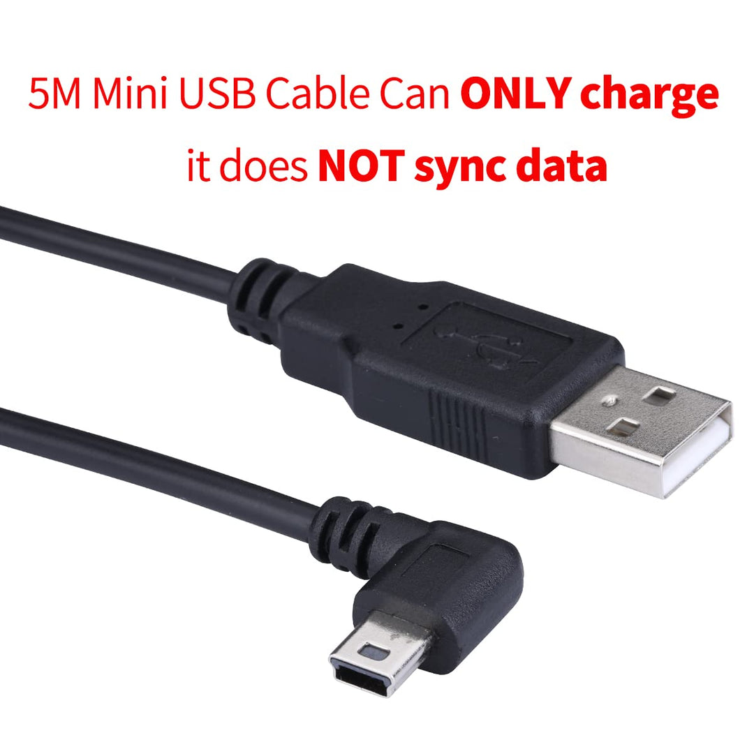 Extra Long 5M USB 2.0 to Mini USB Cable 90 Degree Left Angle Power Supply Charge Cord with 5pc Wiring Clips for Garmin nuvi GPS Car Dash Cam GPS Navigator DVR Camcorder Camera