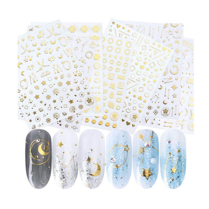 8Sheets Self-ahesive 3D Design Nail Art Stickers Decals Gold Silver Metallic Studs Moon Stars Geometry Pattern Manicure DIY Decoration Tools