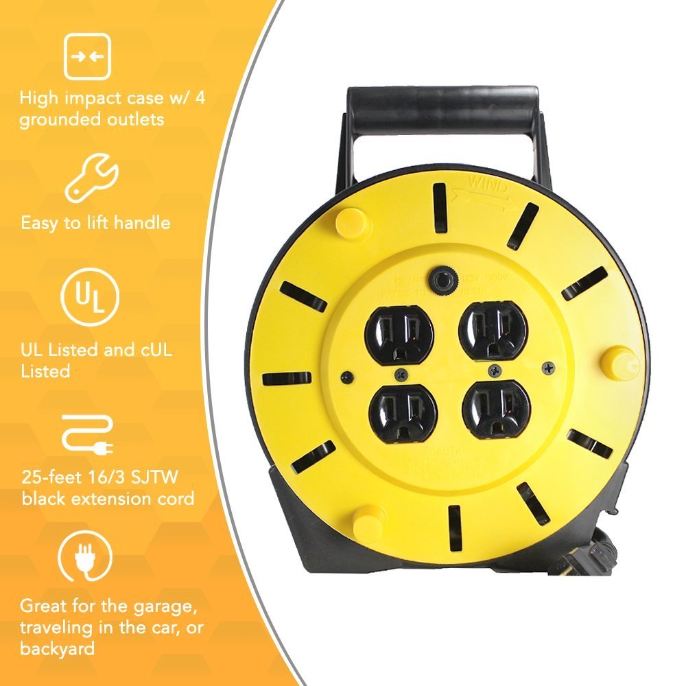 Light Duty Extension Cord Reel, 25Ft, 16 Gauge, 3 Conductor, 4-Outlets, 12A Circuit Breaker, Yellow/Black, 4907