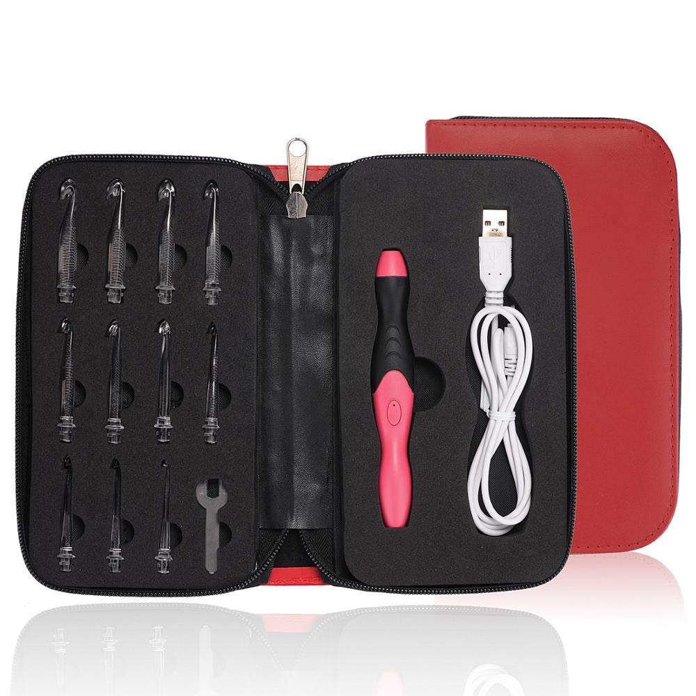 Lighted Crochet Hooks,11 Size Interchangeable Heads 2.5mm to 8.0mm with Ergonomic Grip Handles,USB Rechargeable LED Lighted Crochet Hooks Complete Set for Arthritic Hands (Red)