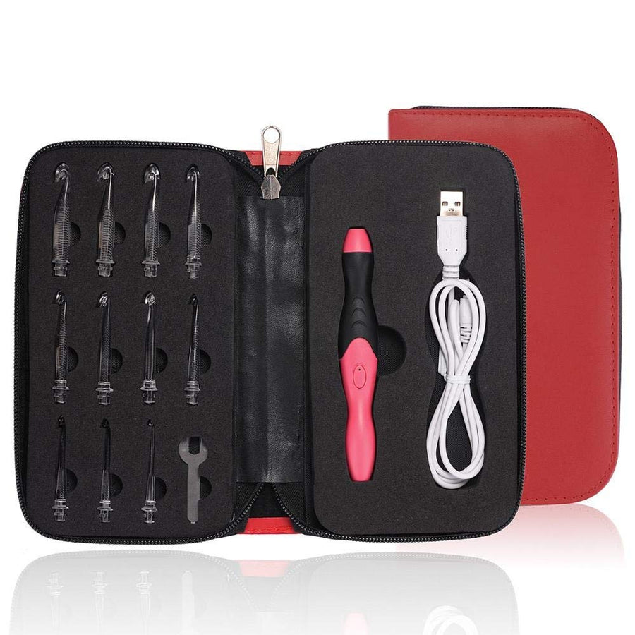 Lighted Crochet Hooks,11 Size Interchangeable Heads 2.5mm to 8.0mm with Ergonomic Grip Handles,USB Rechargeable LED Lighted Crochet Hooks Complete Set for Arthritic Hands (Red)