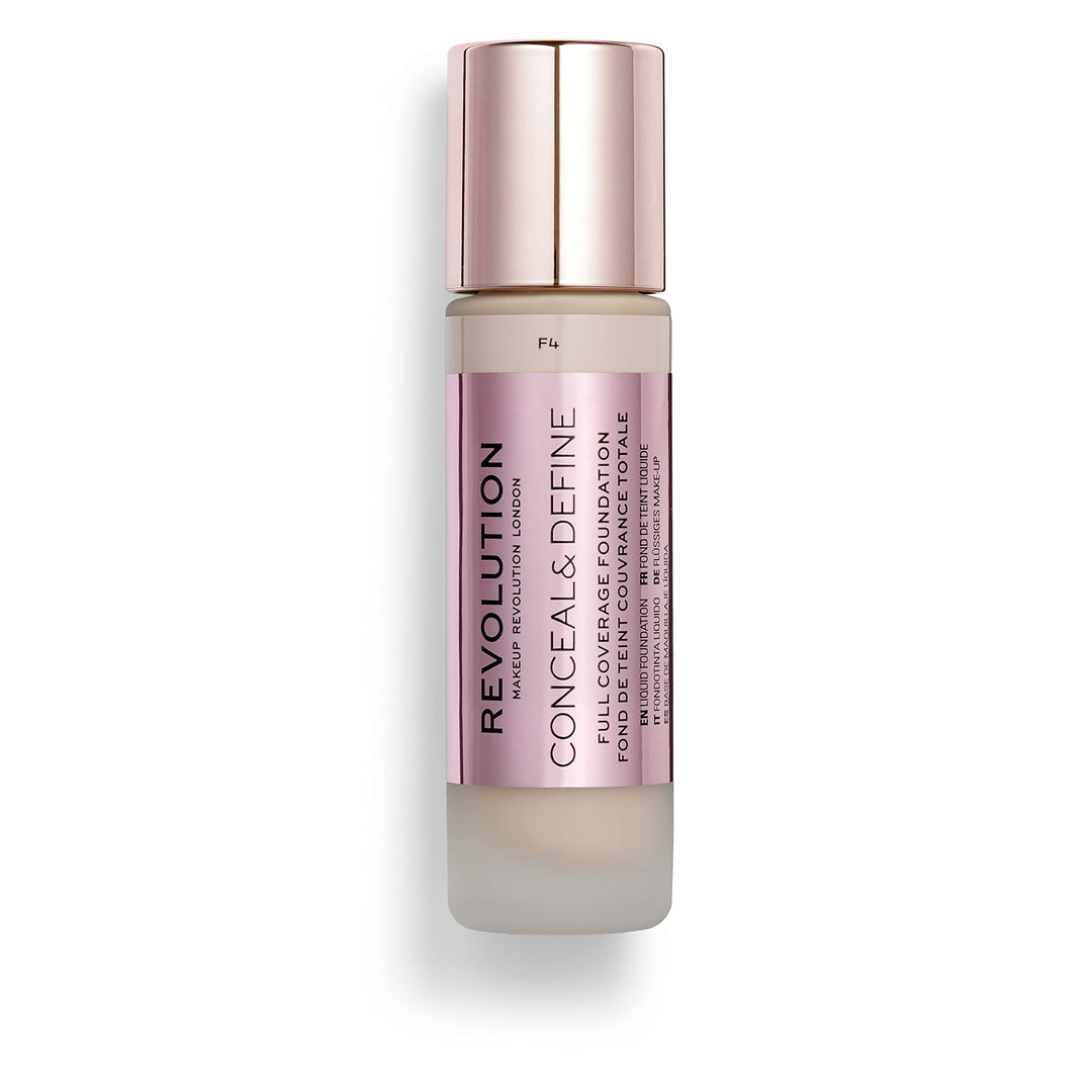 Makeup Revolution Conceal & Define Foundation, Cream Foundation Makeup, Full Coverage, For Light Skin Tones, Vegan & Cruelty-Free, F4, 23ml
