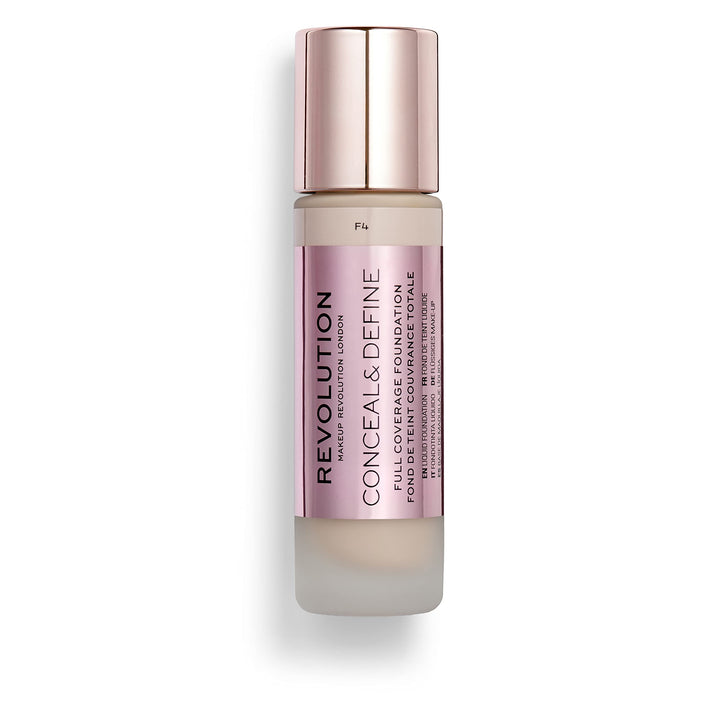 Makeup Revolution Conceal & Define Foundation, Cream Foundation Makeup, Full Coverage, For Light Skin Tones, Vegan & Cruelty-Free, F4, 23ml