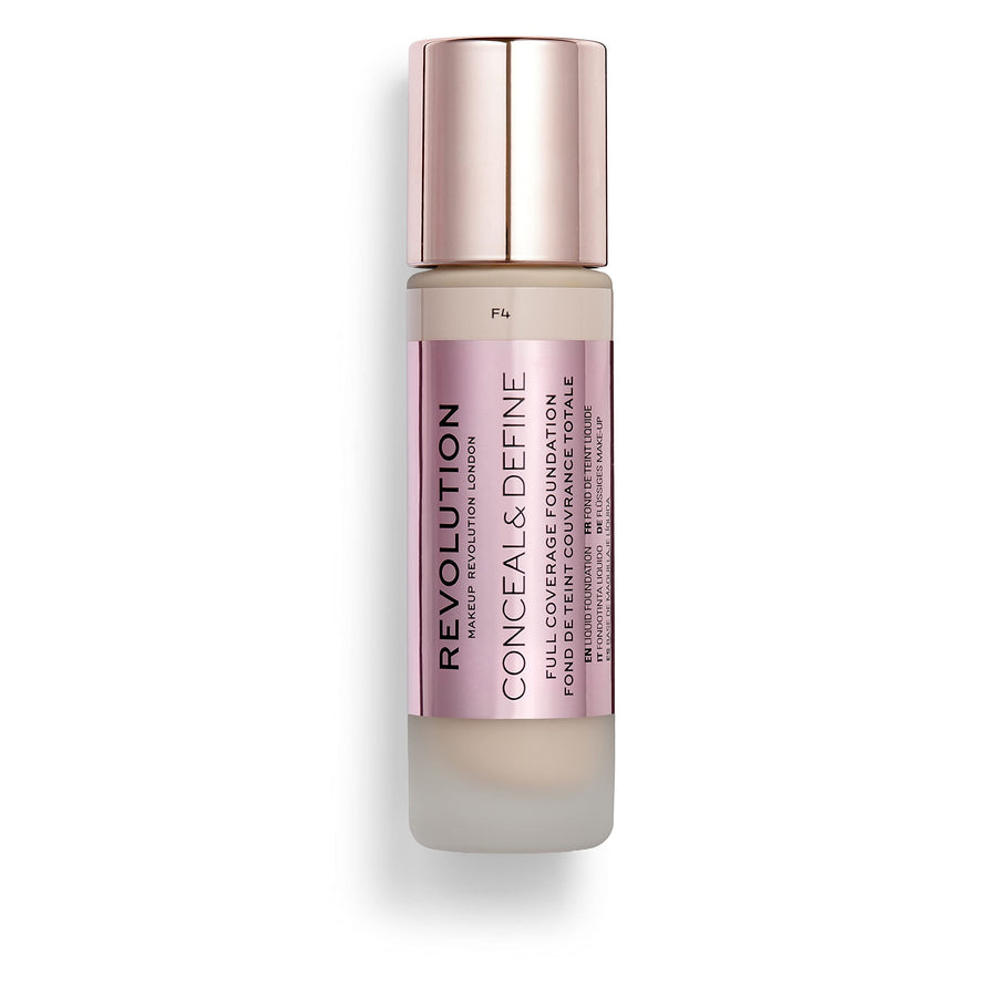 Makeup Revolution Conceal & Define Foundation, Cream Foundation Makeup, Full Coverage, For Light Skin Tones, Vegan & Cruelty-Free, F4, 23ml