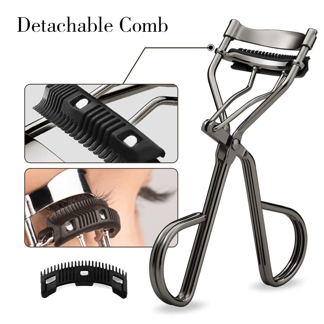 Eyelash Curlers with Built-in Comb Beauty Eyelashes Curlers Eyelash Cliper with 2 Replacement Silicone Refill Pads Premium Lash Curler Makeup Tool for Women and Girls (2 Black-Black Comb)