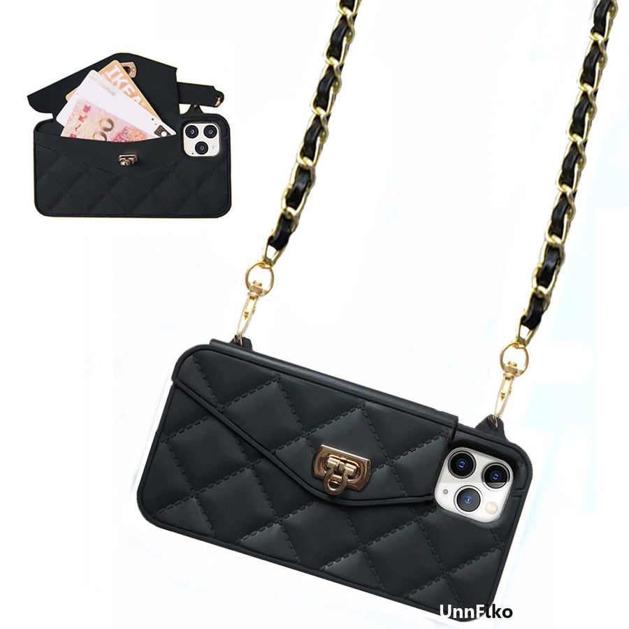 Wallet Case Compatible with iPhone 13 Pro Max, Cute Light Luxury Bag Design, Purse Flip Card Pouch Cover Soft Silicone Case with Handstrap Long Shoulder Strap (Black, iPhone 13 Pro Max)