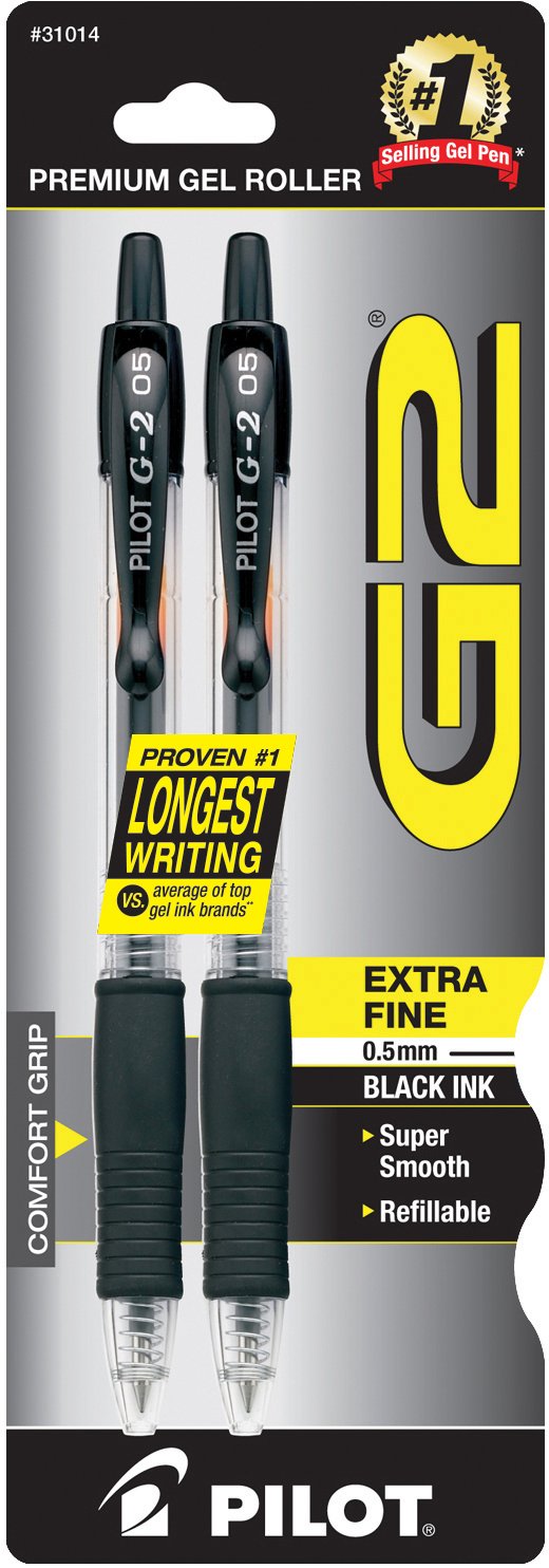 , G2 Premium Gel Roller Pens, Extra Fine Point 0.5 mm, Pack of 2, Black