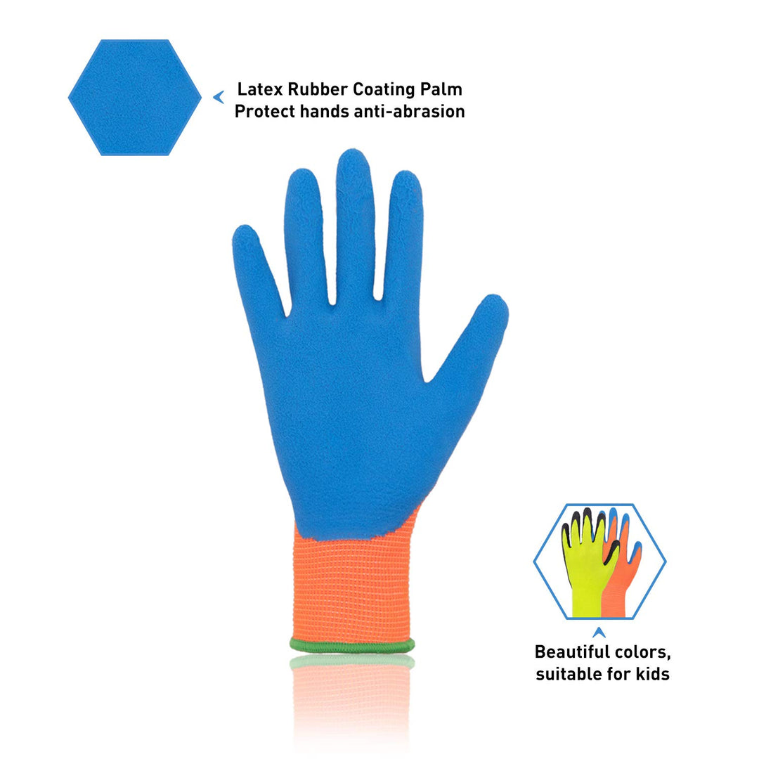Kids Gardening Gloves for Age 2-13, 3 Pairs Foam Rubber Coated Palm Garden Gloves for Boys Girls, Children Garden Gripper Gloves (Size 6 (Age 11-13), Orange 3 Pairs)