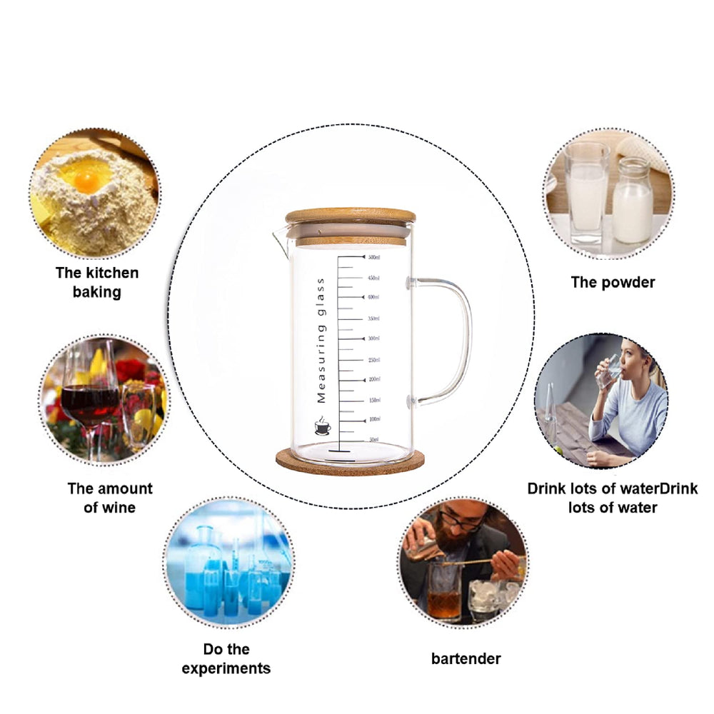 with Handle Bamboo Lid Beaker - lab Pouring Spout Beaker Borosilicate Glass Food Grade Measuring Cup 500ML