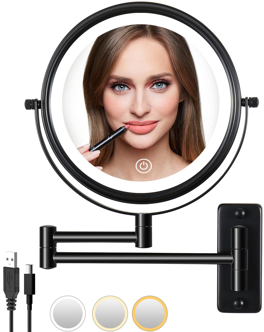 Rechargeable Wall Mounted Lighted Makeup Mirror, Mounted Makeup Magnifying Mirror with Lights,10X LED Vanity Mirror Wall Mounted, 8 Wall Bathroom Light Up Magnified Mirror (Black)
