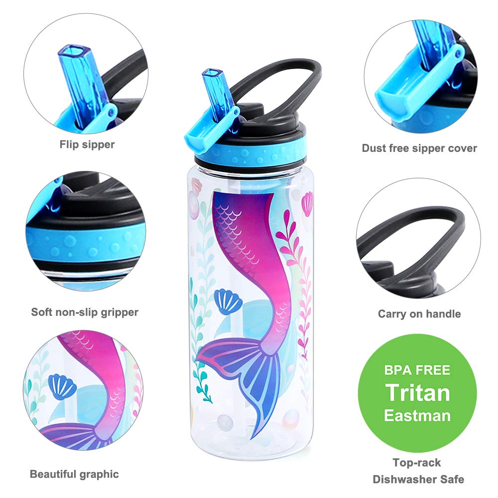 Cute Water Bottle with Straw for School Kids Girls, BPA FREE Tritan & Leak Proof & Easy Clean & Carry Handle, 23oz/ 680ml - Mermaid