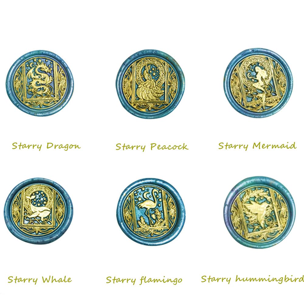 Wax Seal Stamp, Animal Wax Seal Stamp Set with 4 PCS Removable Brass Heads and 1 Wooden Handle, Dragon Mermaid Peacock Swan Wax Seal Stamp Kit for Wedding Invitation Envelopes Decoration