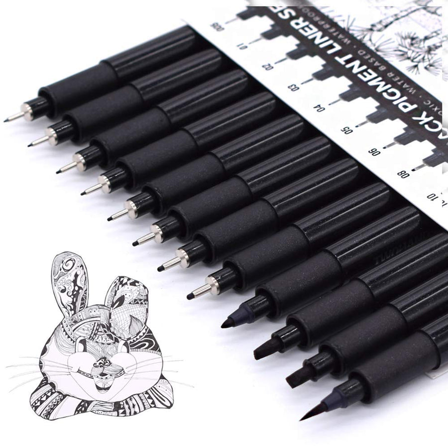 Art Pens,Fineliner Ink Pens,Set of 12 Technical Drawing pen,Pigment Pen,Fine Point,Black,Waterproof,for Art Watercolor,Sketching,Anime,Manga, 902188