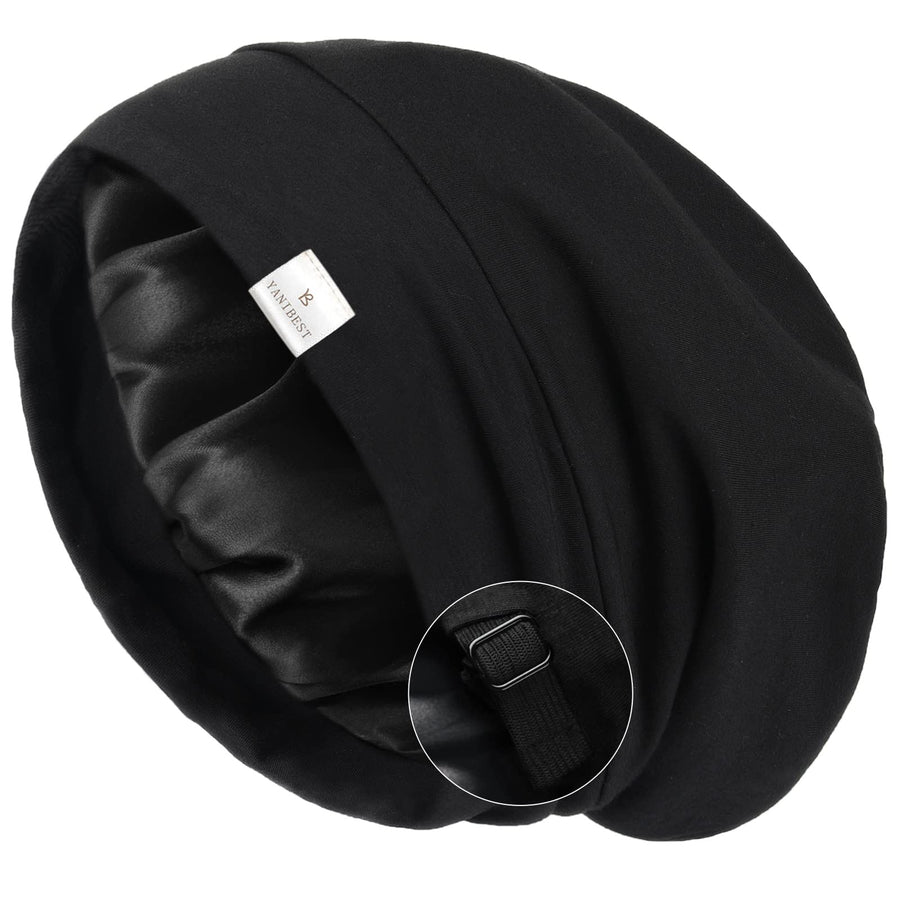 Slouchy Beanie Hat Satin Lined Sleep Cap Satin Bonnet Chemo Headwear Caps for Women and Men Pure Black