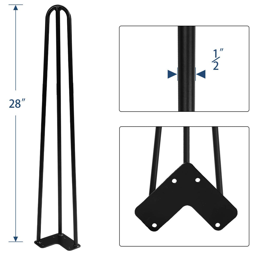 28 Black Hairpin Legs, 1/2 Diameter, Set for 4 Heavy Duty 3 Rods Table Legs, for DIY Desk, Stand, Bench