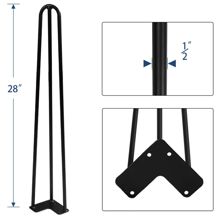 28 Black Hairpin Legs, 1/2 Diameter, Set for 4 Heavy Duty 3 Rods Table Legs, for DIY Desk, Stand, Bench