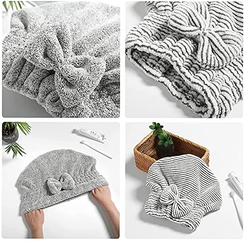 Microfiber Hair Towel Cap,Soft Absorbent Quick Drying Cap for Curly Thick Hair, Wrap Cap for Women Girls-Set of 2 Pcs (Stripe&Gray)